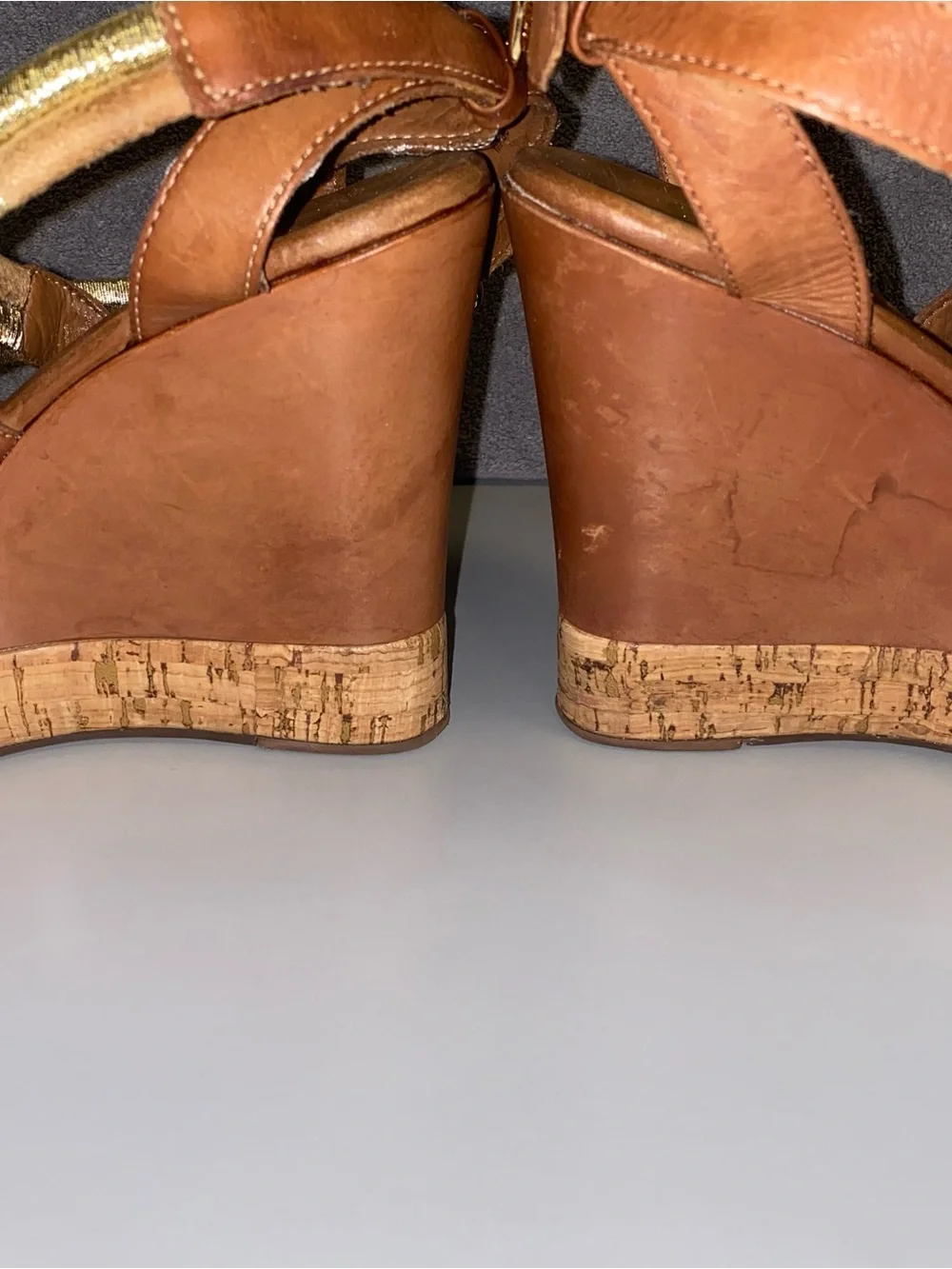 Juicy Couture Brown Gold Strap Cork Wedge Sandals 6.5